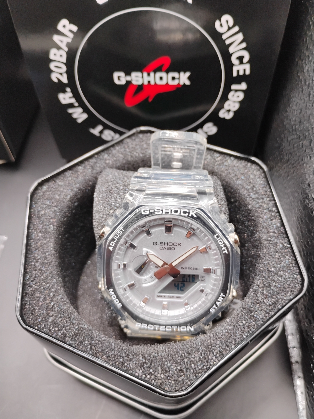 G-Shock Clear Transparent Resin Watch with White Dial and Rose-Gold Accents